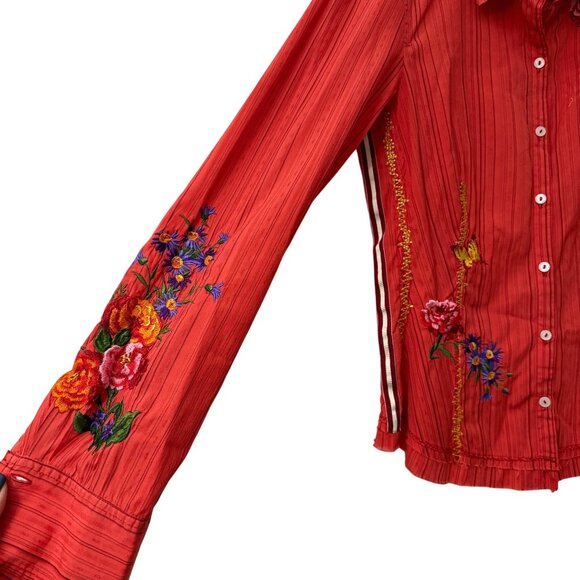Johnny Was 3J Workshop Coral Red Floral Embroidered Striped Shirt Womens Small - Picture 3 of 5
